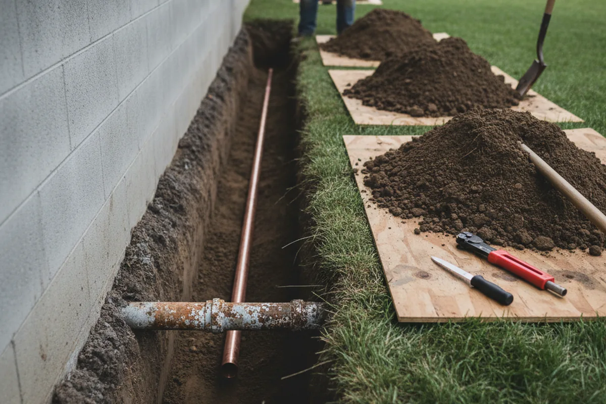 Excavated water line trench during Water Softener Installation in Aspers